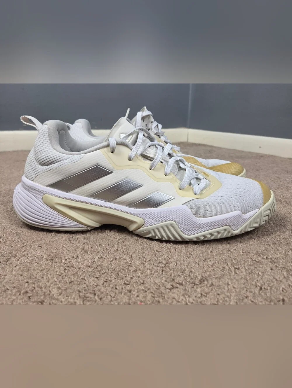 Adidas Barricade White Tennis Shoes with Silver Stripes